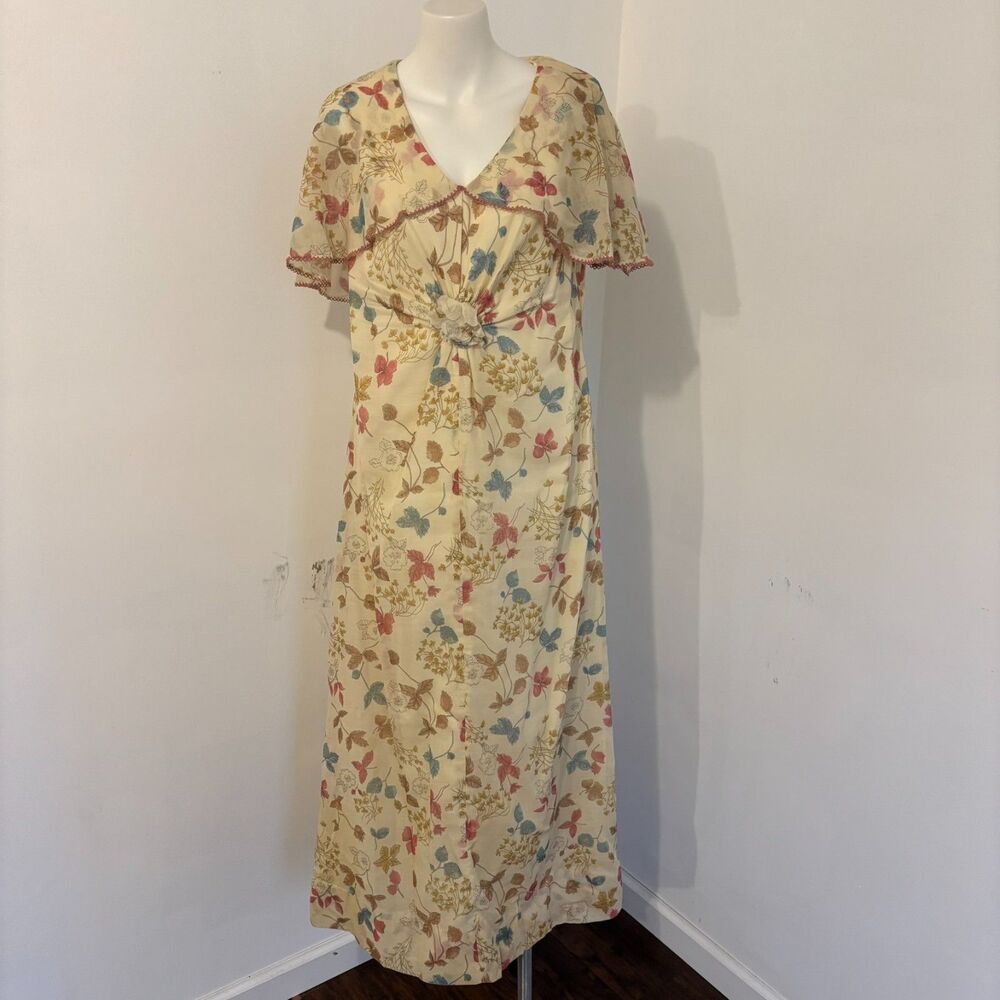 Vintage Fairycore Floral Print Ruffle 70s Style Flowy Maxi Dress Size 16.5